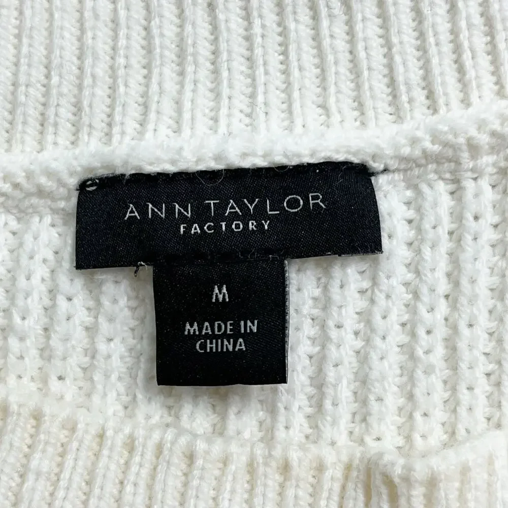 Ann Taylor Cotton‎ Blend White Pearled Sleeves Boat Neck Sz M Pullover Sweater